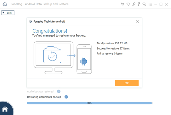 バックアップの復元を完了しました