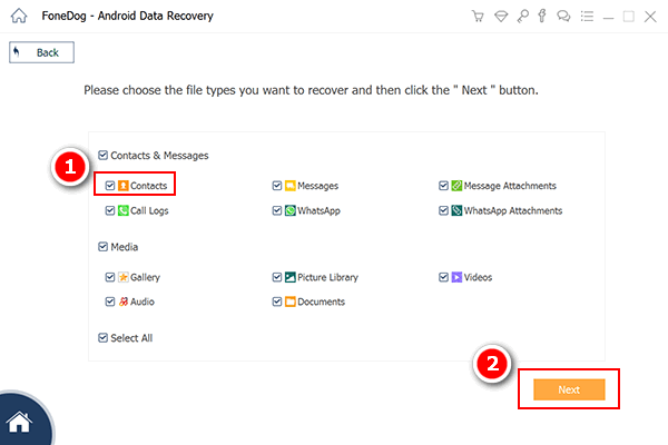 FoneDog Android Data Recoveryを使用して削除された連絡先を回復 - ファイルタイプを選択