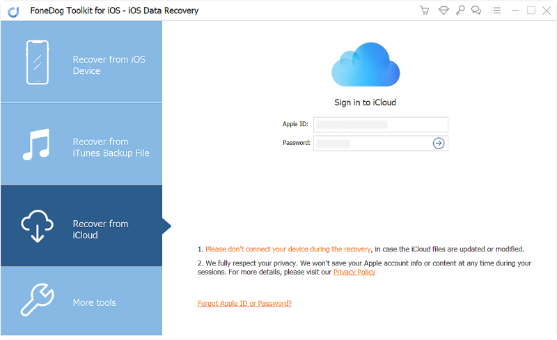 FoneDog Toolkitの起動-iOSデータ復元とiCloudへのサインイン