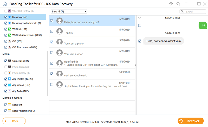 FoneDog iOSデータ復元を使用してメッセンジャーで削​​除されたメッセージを確認する