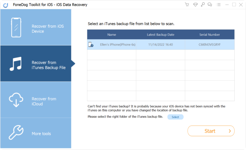 FoneDog Toolkit-iOSデータ復旧を起動し、iTunesから復旧を選択します