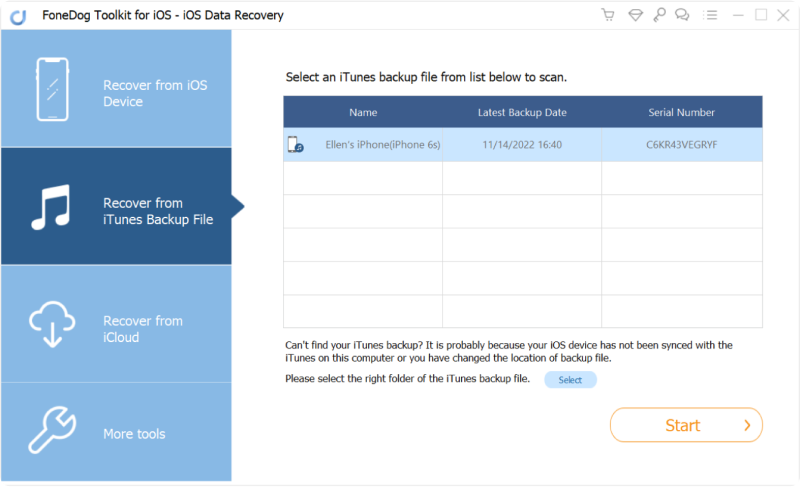 FoneDog Toolkit-iOSデータ復元を起動し、iTunesバックアップを選択します