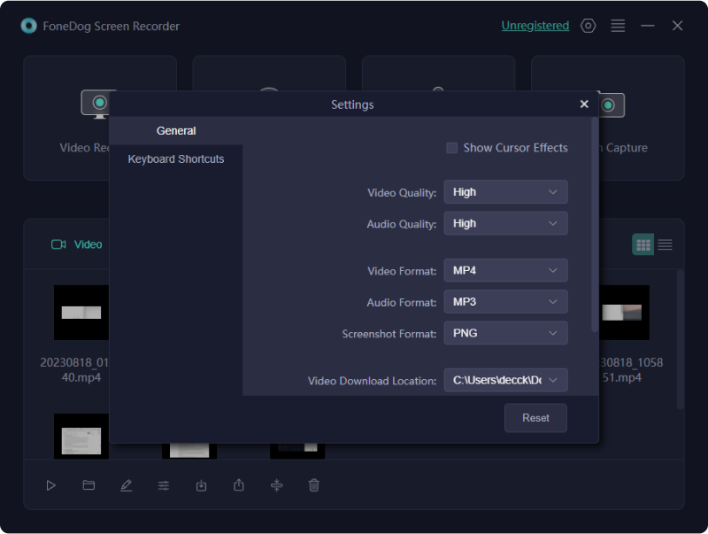 PCで画面を録画 – FoneDog Screen Recorder: 録画設定