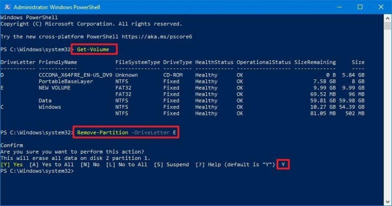 Windows PowerShell を使用した Windows のパーティションの削除