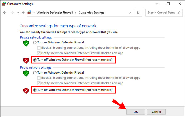 Windows Defender ファイアウォールを無効にするにチェックを入れます