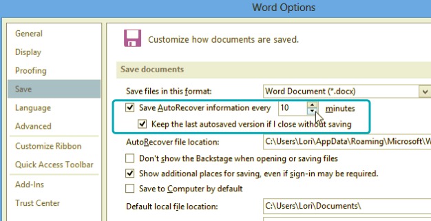 保存せずにWordを閉じないようにするには、MS Word2013で自動保存をオンにします