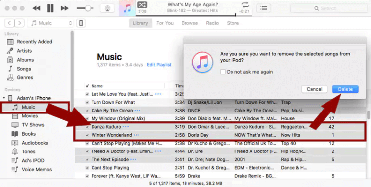 iTunesでiPodから曲を手動で削除するにはどうすればよいですか
