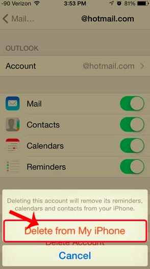 修正するために私のiPhoneからHotmailアカウントを削除します