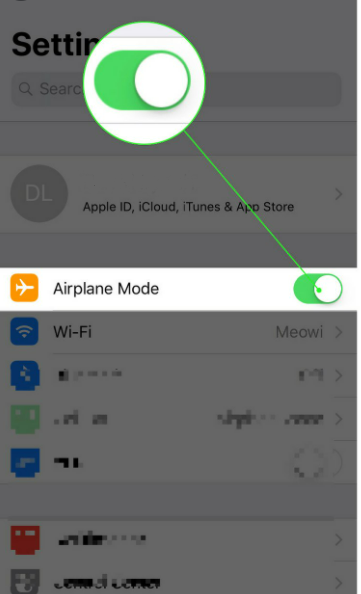 機内モードをオンにして、iOSへの移行の中断を解決します