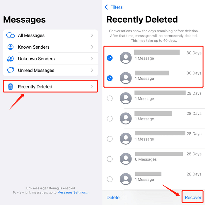 iPhoneで最近削除したフォルダーで削除されたメッセージを見つける