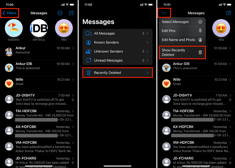 最近削除したフォルダーを使用して iPhone で削除したメッセージを再表示する