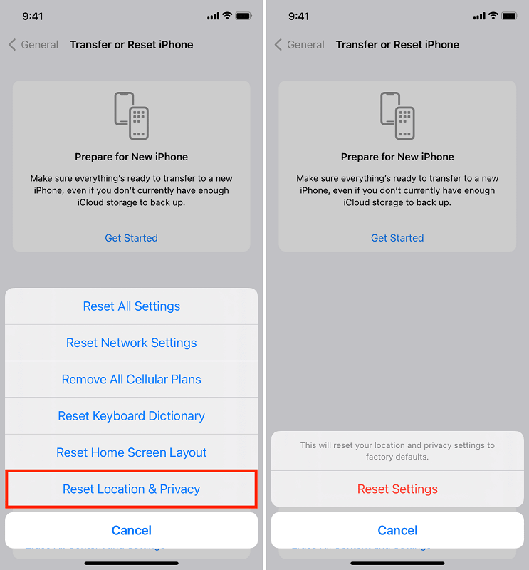 iPhone DCIMフォルダーが空でコンピューターに表示されない場合、場所とプライバシーをリセットする