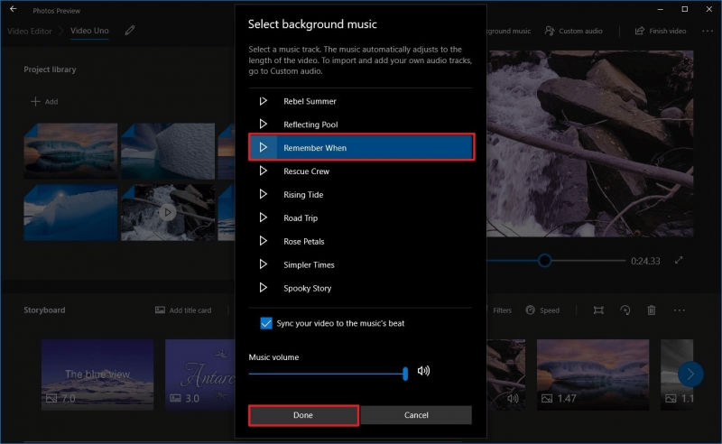 Windowsフォトアプリでビデオアプリに音楽を追加する