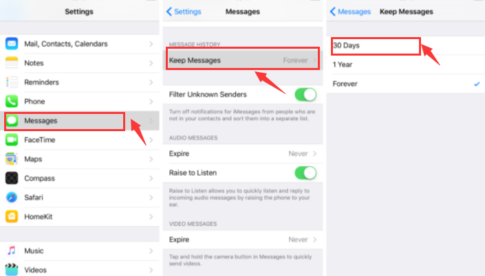iOS でメッセージ設定を変更して「その他」をクリアする