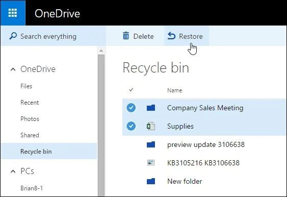 OneDrive のごみ箱からファイルを回復する