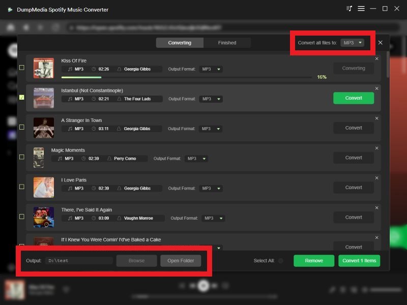 最高の Spotify 音楽コンバーター ツール: DumpMedia Spotify 音楽コンバーター - 出力設定の選択