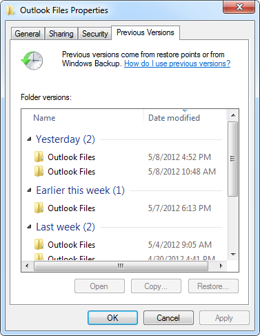 Outlookで削除されたPSTファイルを回復するために以前のバージョンを復元する