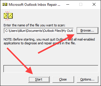 MicrosoftOutlook修復ツールでPSTファイルを修復する