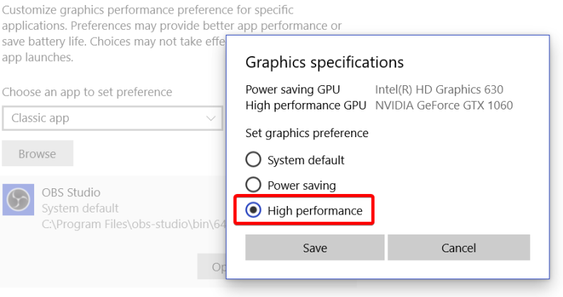 「OBS ゲーム キャプチャ ブラック スクリーン」を解決する - GPU の選択を変更する