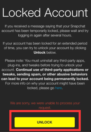 ロック解除ボタンを押して Snapchat アカウントのロックを解除します