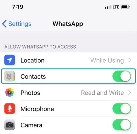 連絡先が表示されないのを修正するためにiPhoneのWhatsApp連絡先権限を許可する