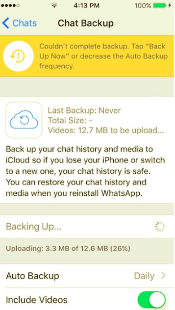 iCloudがバックアップを完了できなかったため、WhatsAppバックアップに失敗しました